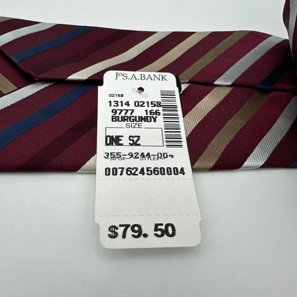 Jos. A. Bank Necktie Mens One Size Burgundy Striped Silk Hand Sewn 58‎ Inch NOS